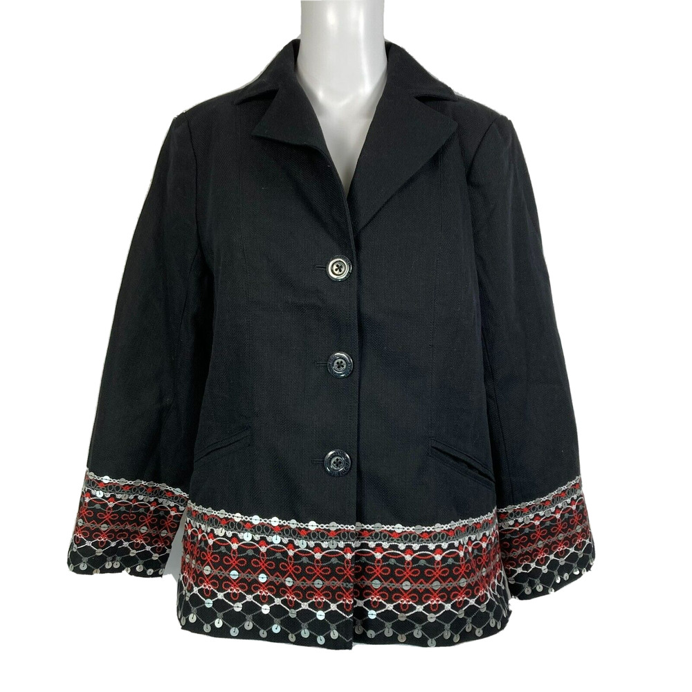 Victor Costa Blazer Womens Sz S Black Red Cotton Jacket Embroidered‎ Lightweight